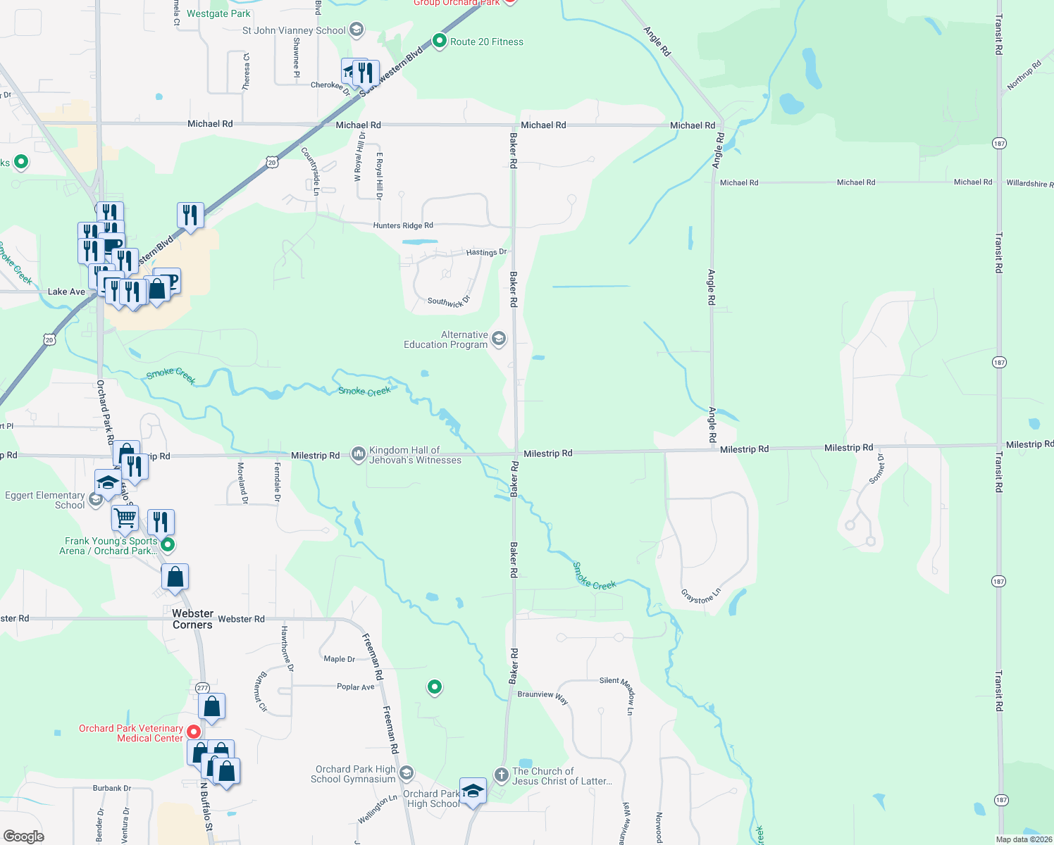 map of restaurants, bars, coffee shops, grocery stores, and more near 3449 Baker Rd in Orchard Park