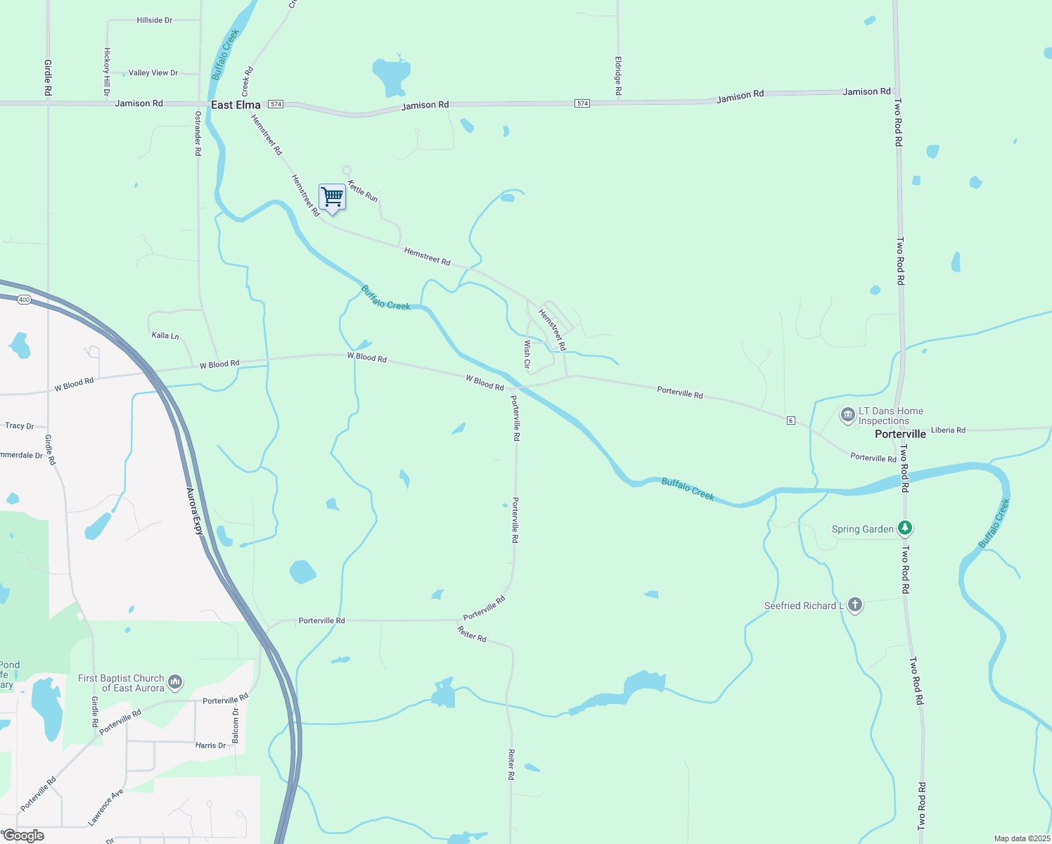 map of restaurants, bars, coffee shops, grocery stores, and more near 3605 Porterville Road in East Aurora