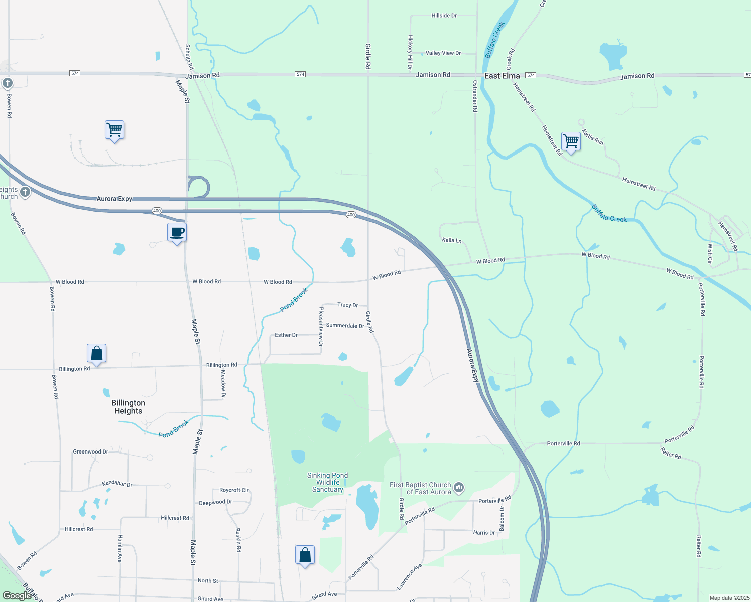 map of restaurants, bars, coffee shops, grocery stores, and more near 591 Girdle Road in East Aurora