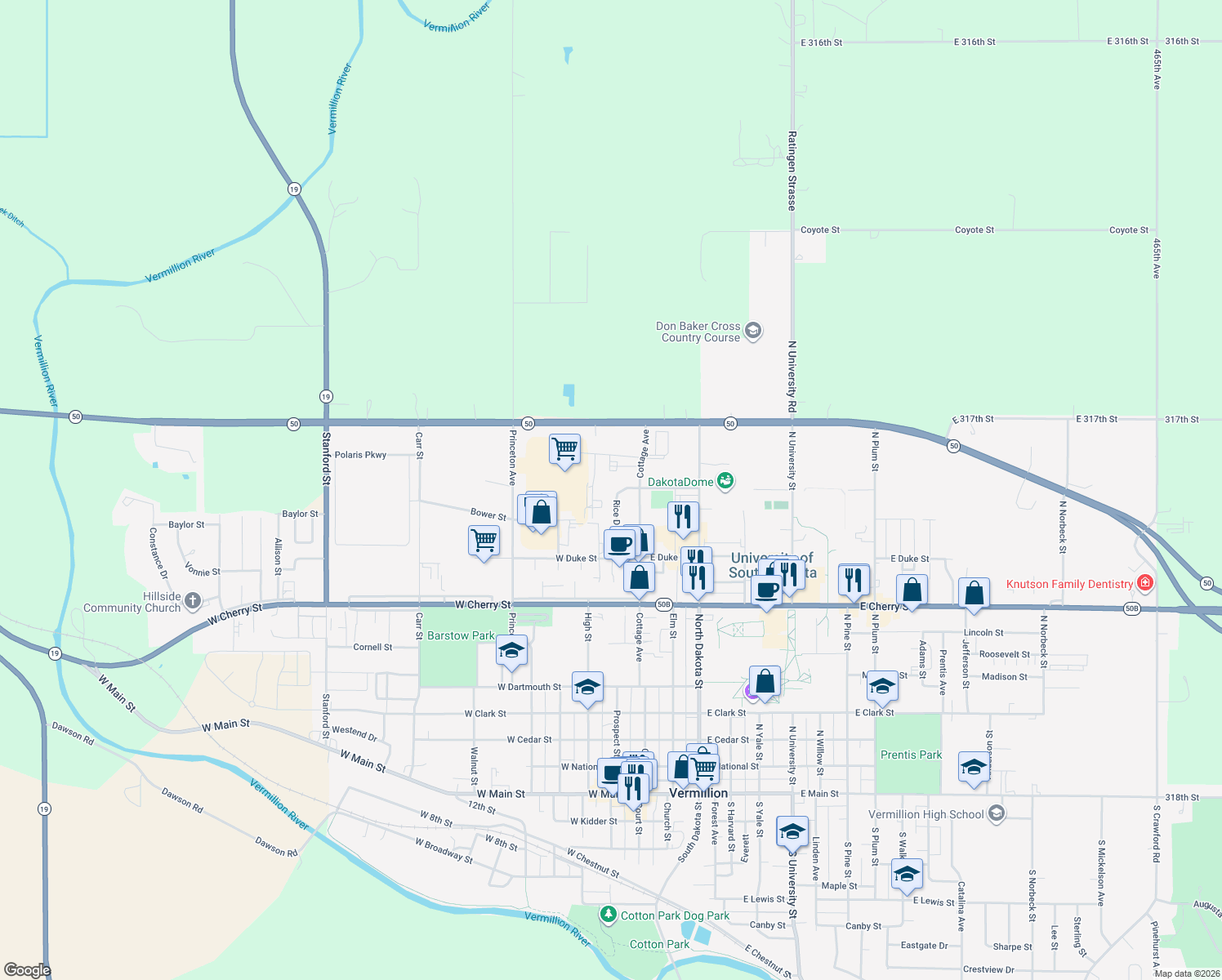 map of restaurants, bars, coffee shops, grocery stores, and more near 1100 Rice Drive in Vermillion