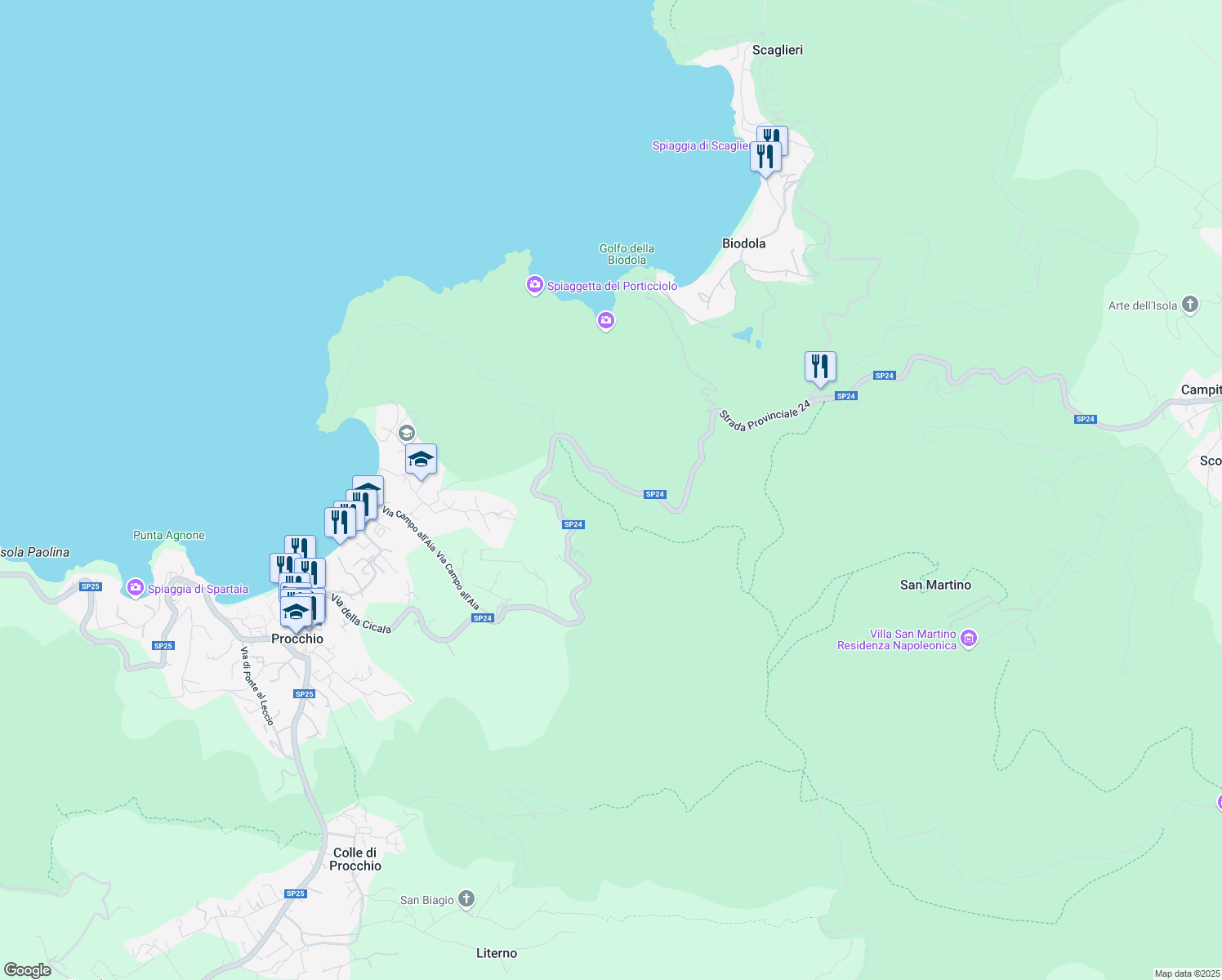 map of restaurants, bars, coffee shops, grocery stores, and more near 17 Strada Provinciale 24 in Provincia di Livorno