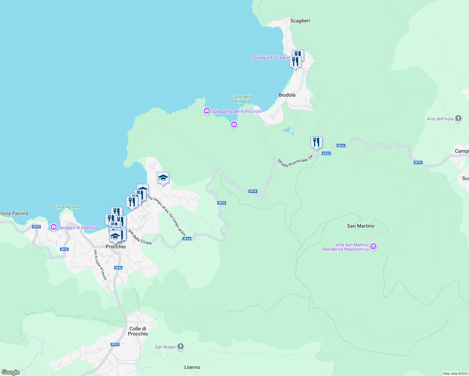 map of restaurants, bars, coffee shops, grocery stores, and more near 17 SP24 in Provincia di Livorno