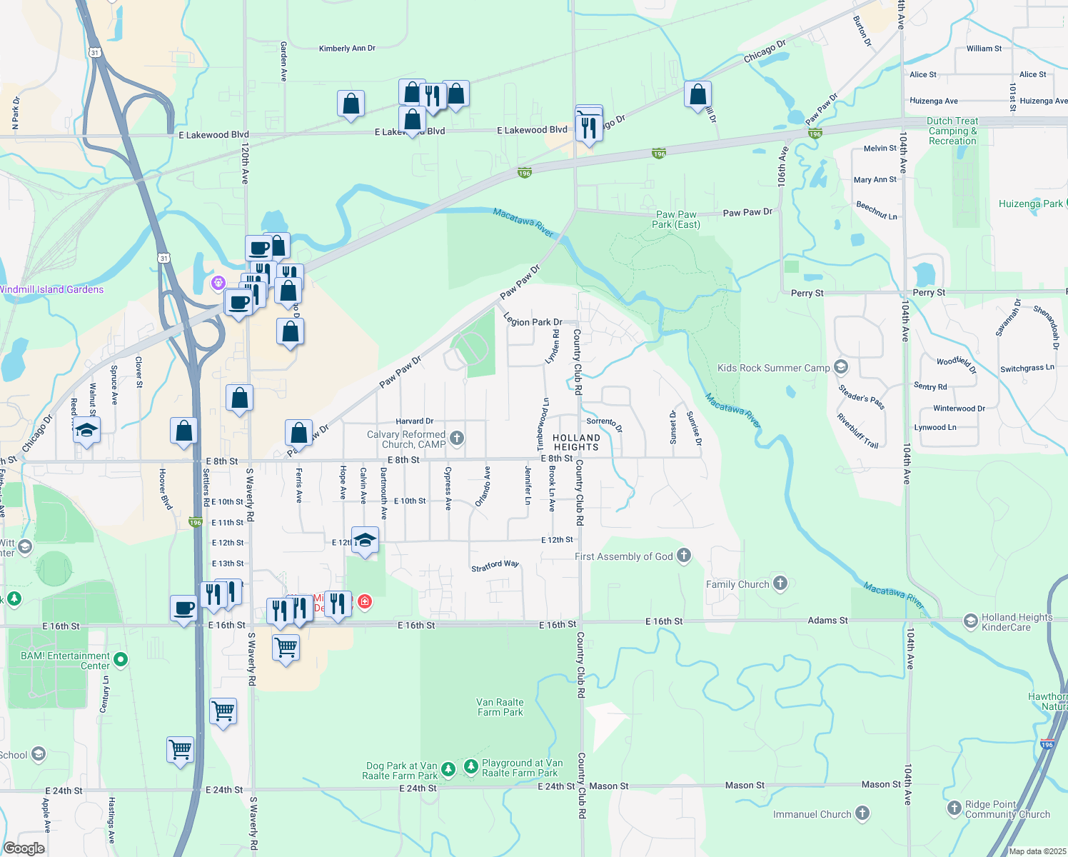 map of restaurants, bars, coffee shops, grocery stores, and more near 158 Timberwood Lane in Holland