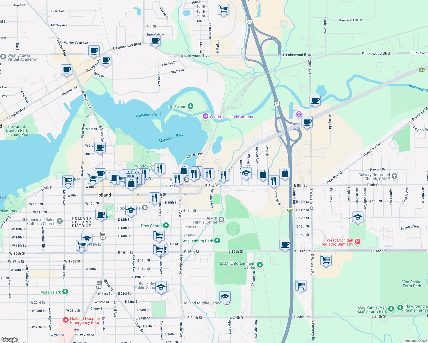 map of restaurants, bars, coffee shops, grocery stores, and more near 147 Fairbanks Avenue in Holland