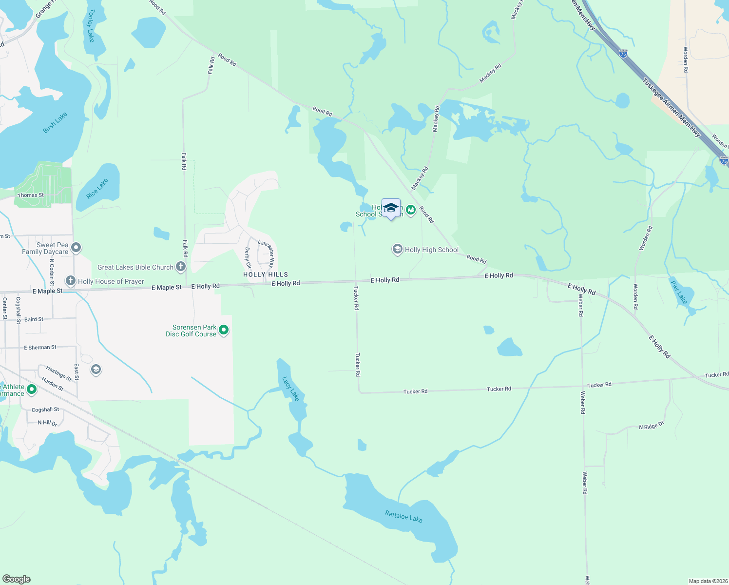 map of restaurants, bars, coffee shops, grocery stores, and more near 16301 Tucker Road in Holly