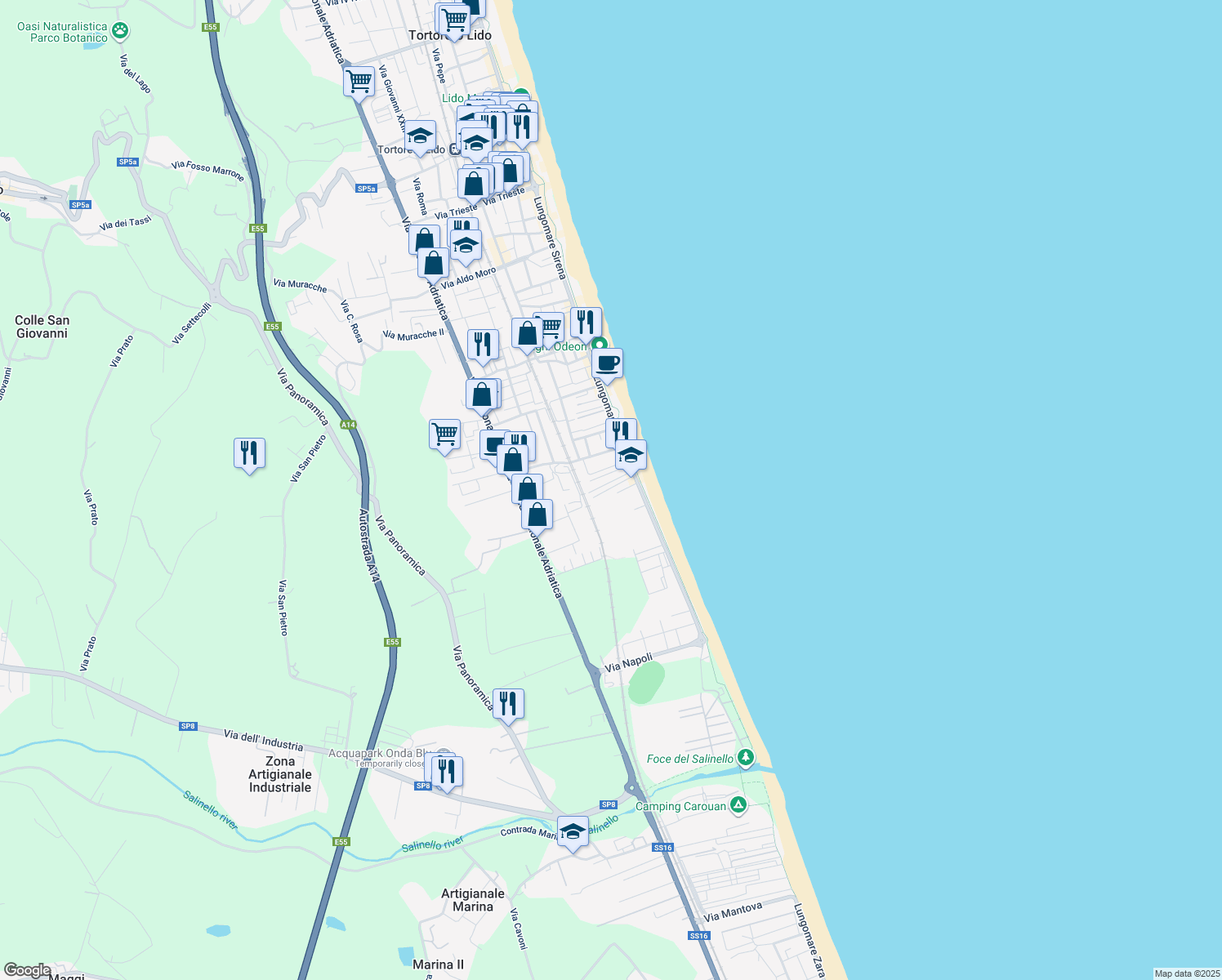 map of restaurants, bars, coffee shops, grocery stores, and more near 15 Via Messina in Tortoreto Lido