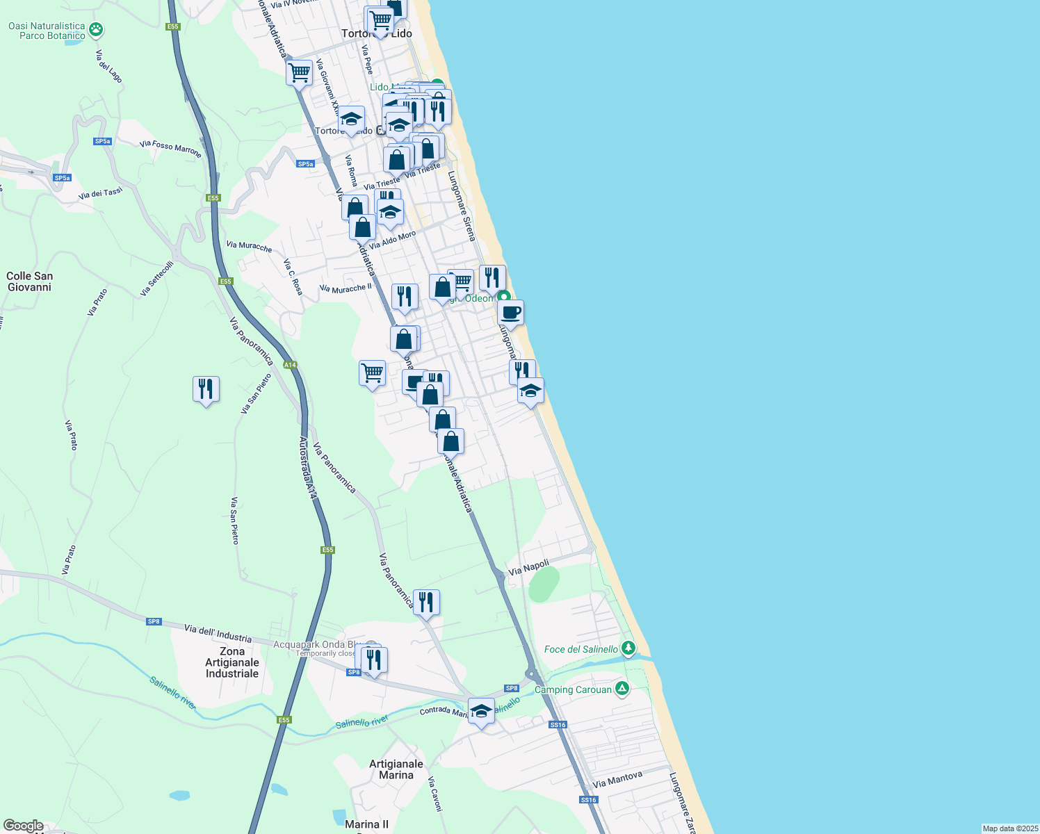 map of restaurants, bars, coffee shops, grocery stores, and more near 15 Via Messina in Tortoreto Lido