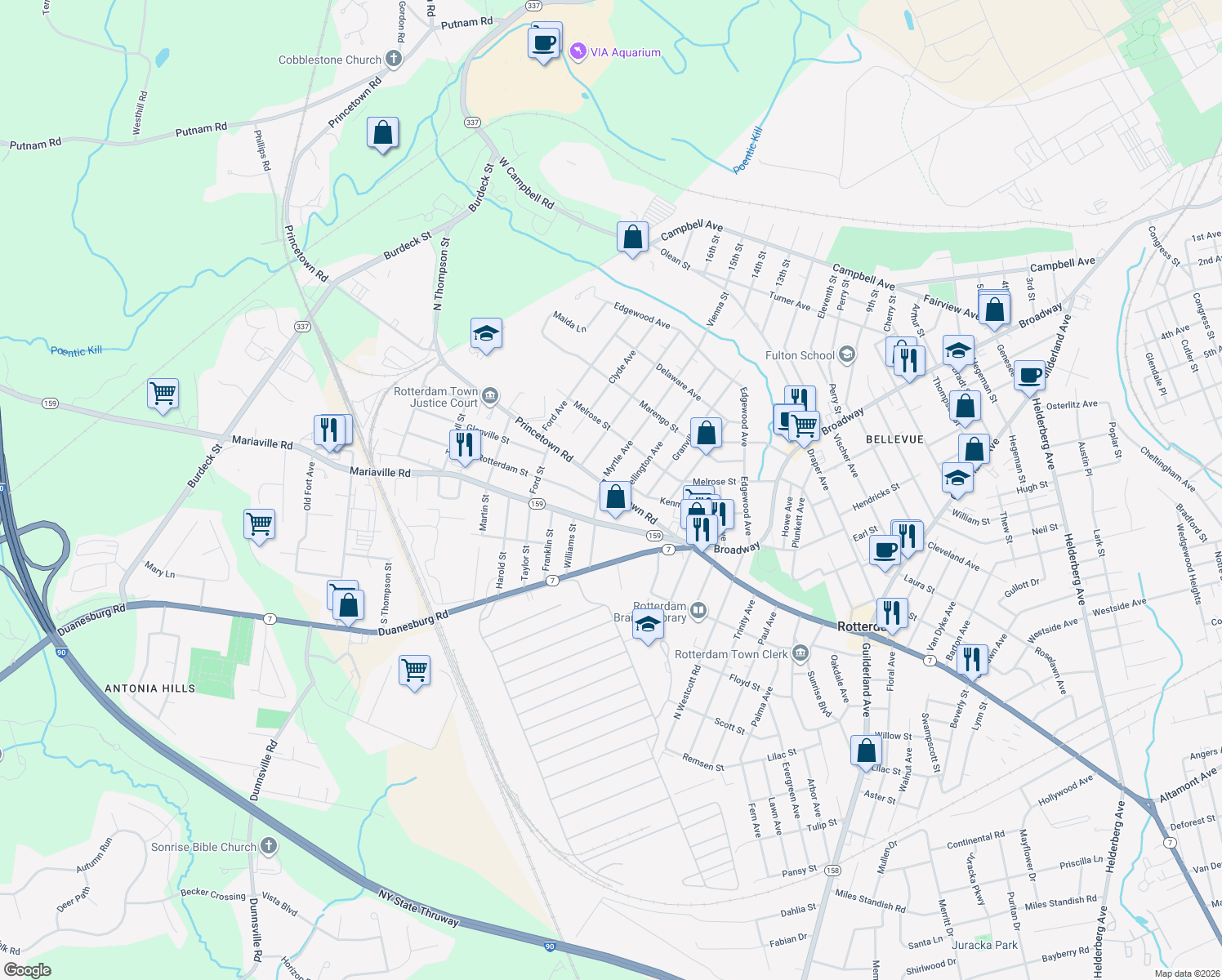 map of restaurants, bars, coffee shops, grocery stores, and more near 309 Princetown Road in Rotterdam