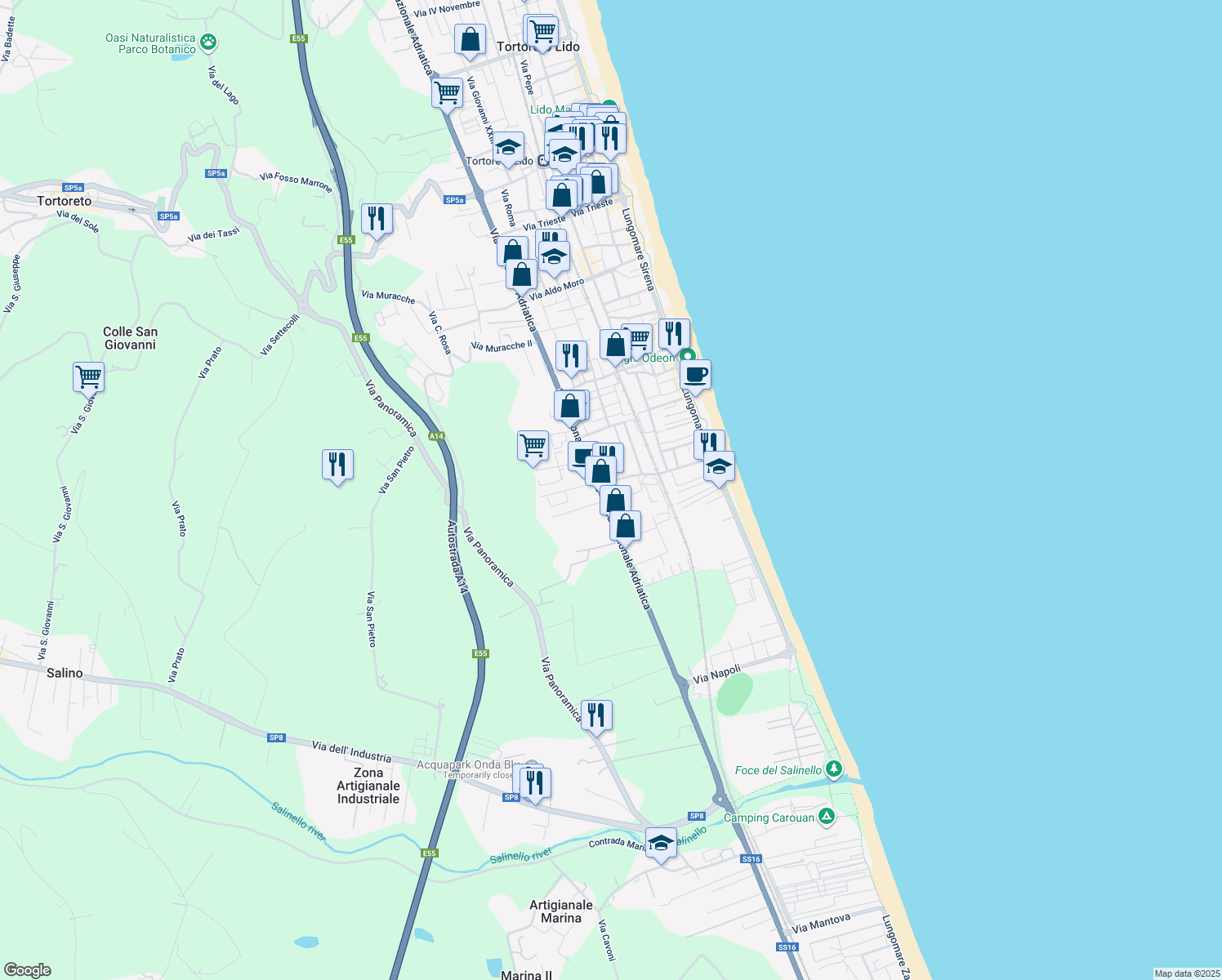 map of restaurants, bars, coffee shops, grocery stores, and more near Strada Statale 16 Adriatica in Tortoreto Lido