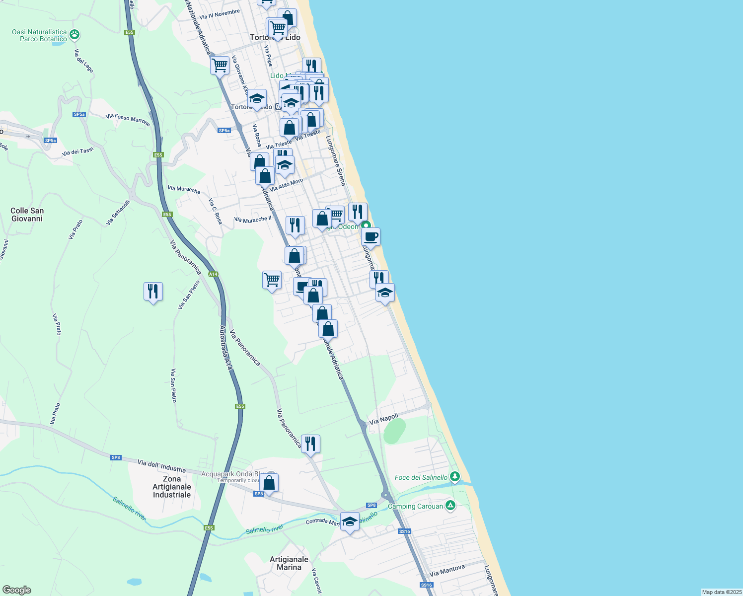 map of restaurants, bars, coffee shops, grocery stores, and more near 5 Via Guglielmo Marconi in Tortoreto Lido