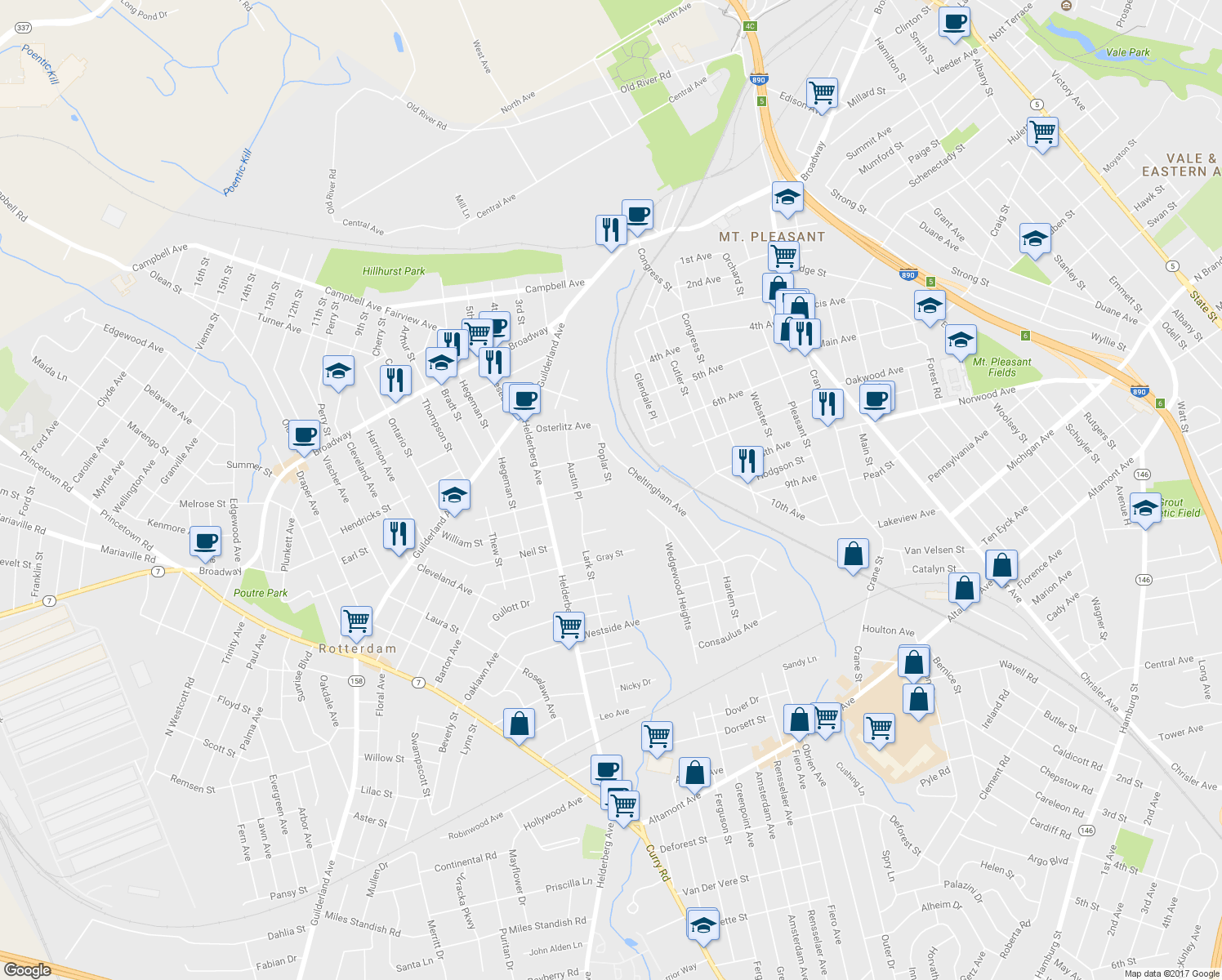 map of restaurants, bars, coffee shops, grocery stores, and more near 1868 Broad Street in Schenectady