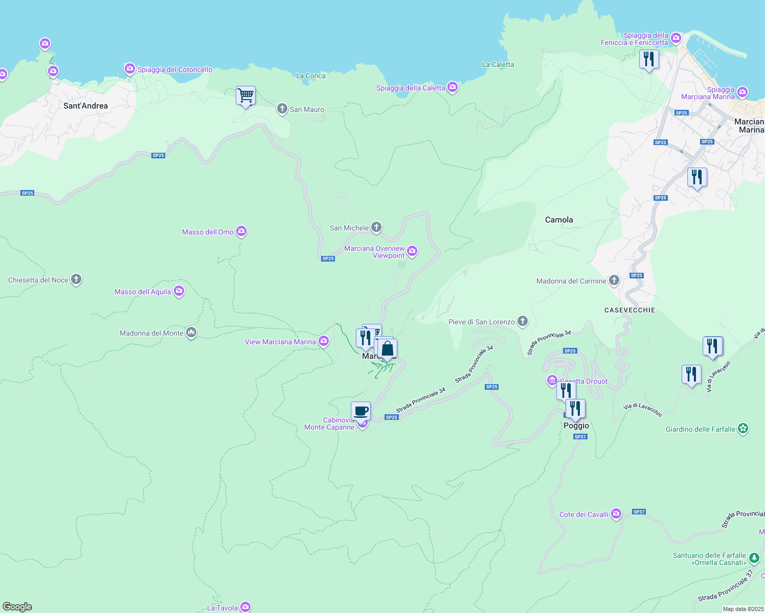 map of restaurants, bars, coffee shops, grocery stores, and more near 24 Via delle Coste in Provincia di Livorno