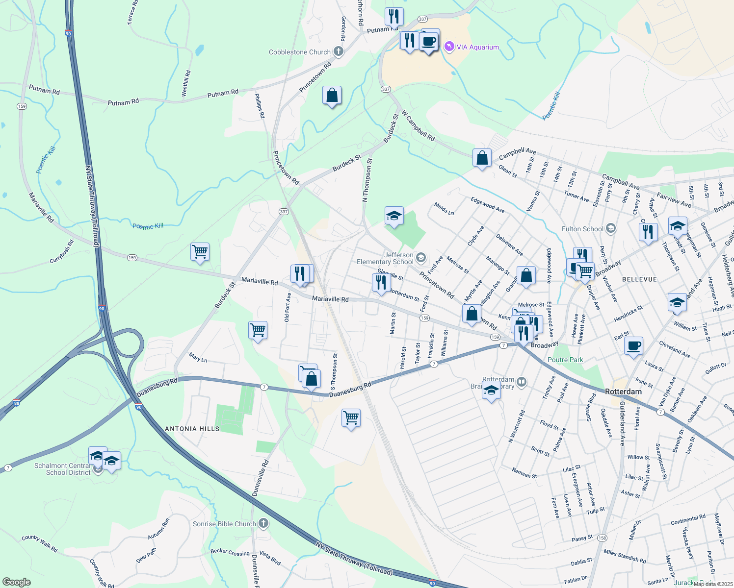 map of restaurants, bars, coffee shops, grocery stores, and more near 66 Mariaville Road in Rotterdam