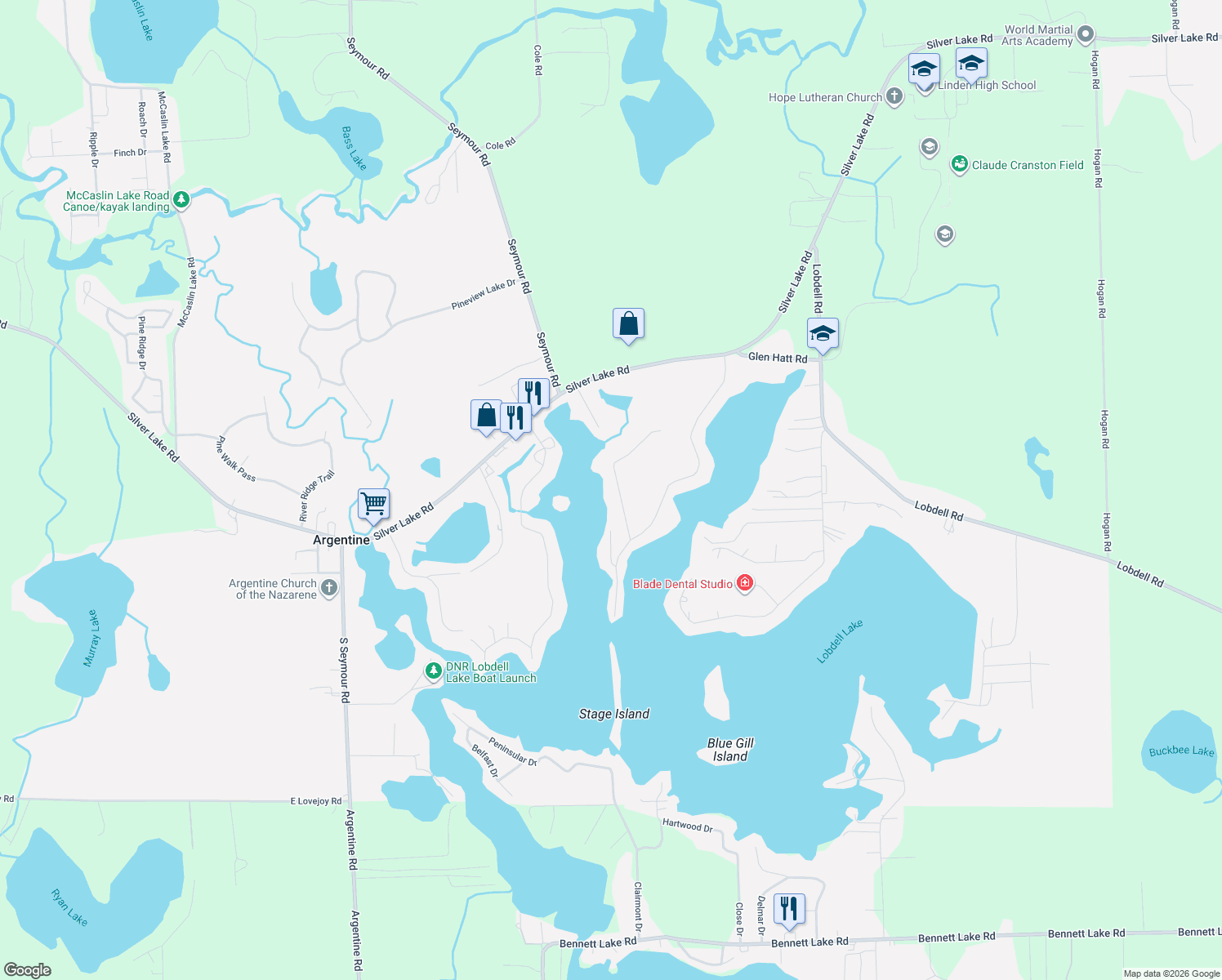 map of restaurants, bars, coffee shops, grocery stores, and more near 16158 Crest Drive in Linden