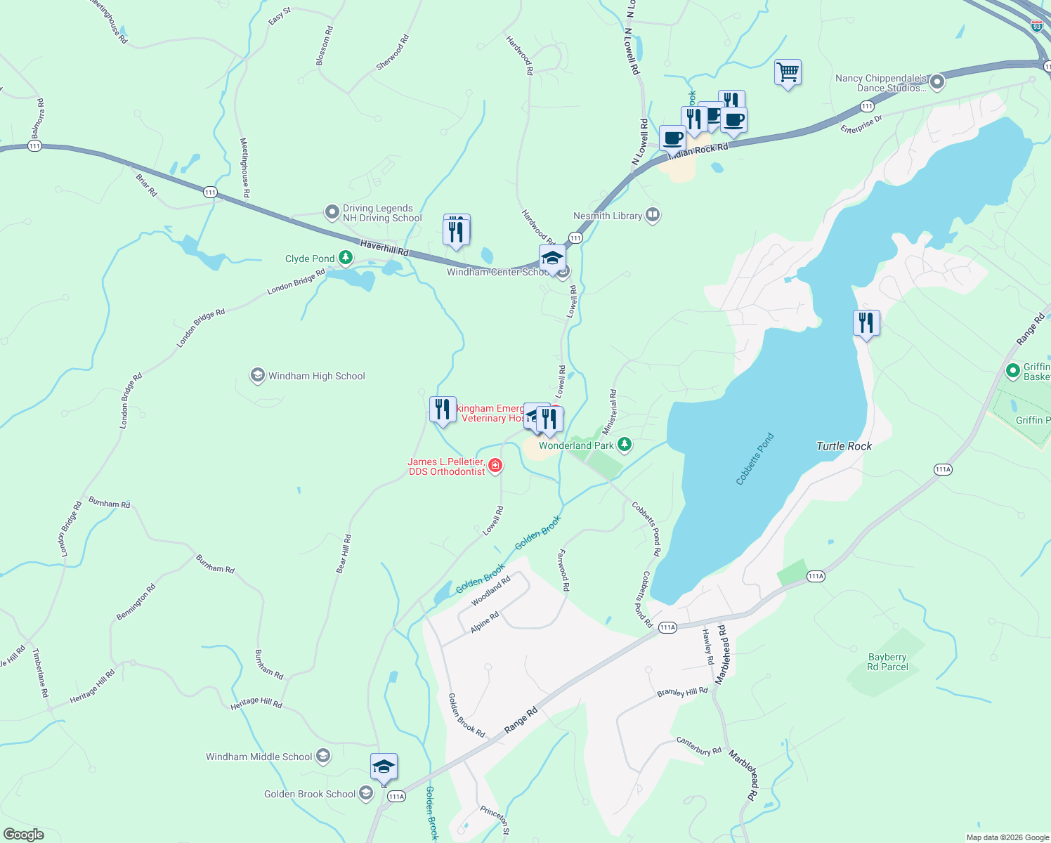 map of restaurants, bars, coffee shops, grocery stores, and more near 6 Westchester Road in Windham