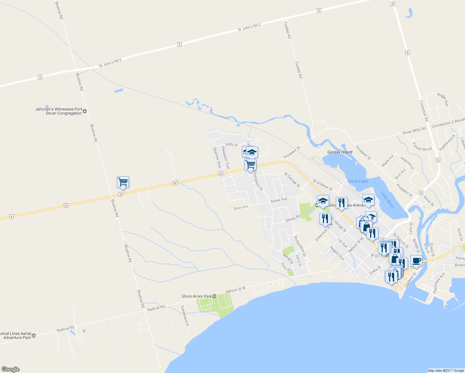 map of restaurants, bars, coffee shops, grocery stores, and more near 13 Cats Paw Drive in Port Dover