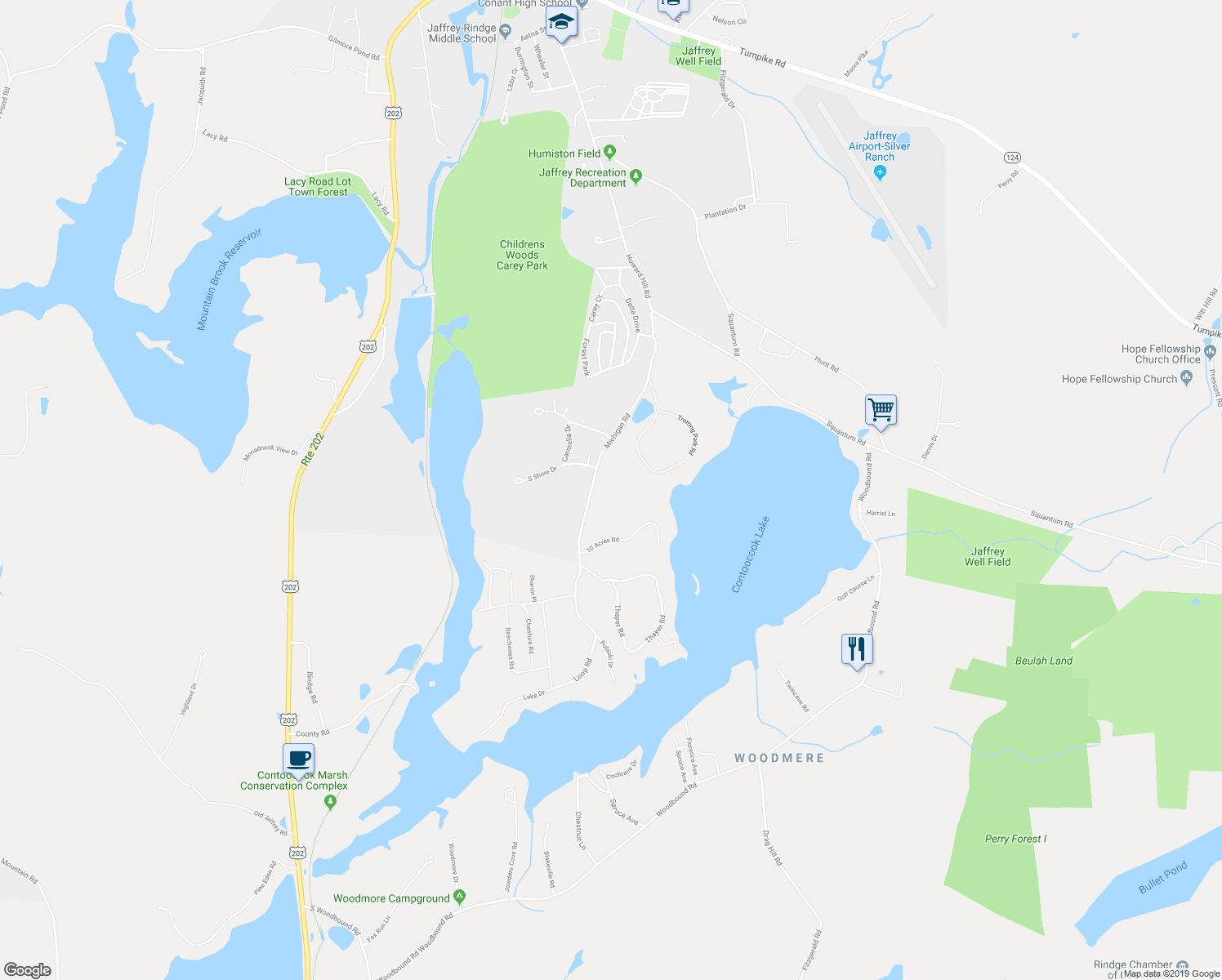 map of restaurants, bars, coffee shops, grocery stores, and more near 45 10 Acres Road in Jaffrey