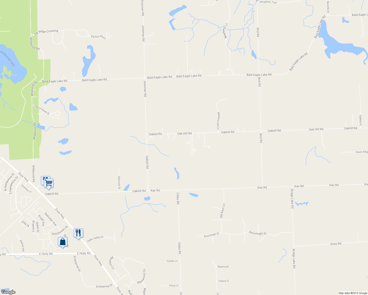 map of restaurants, bars, coffee shops, grocery stores, and more near 9419 Oakhill Road in Holly