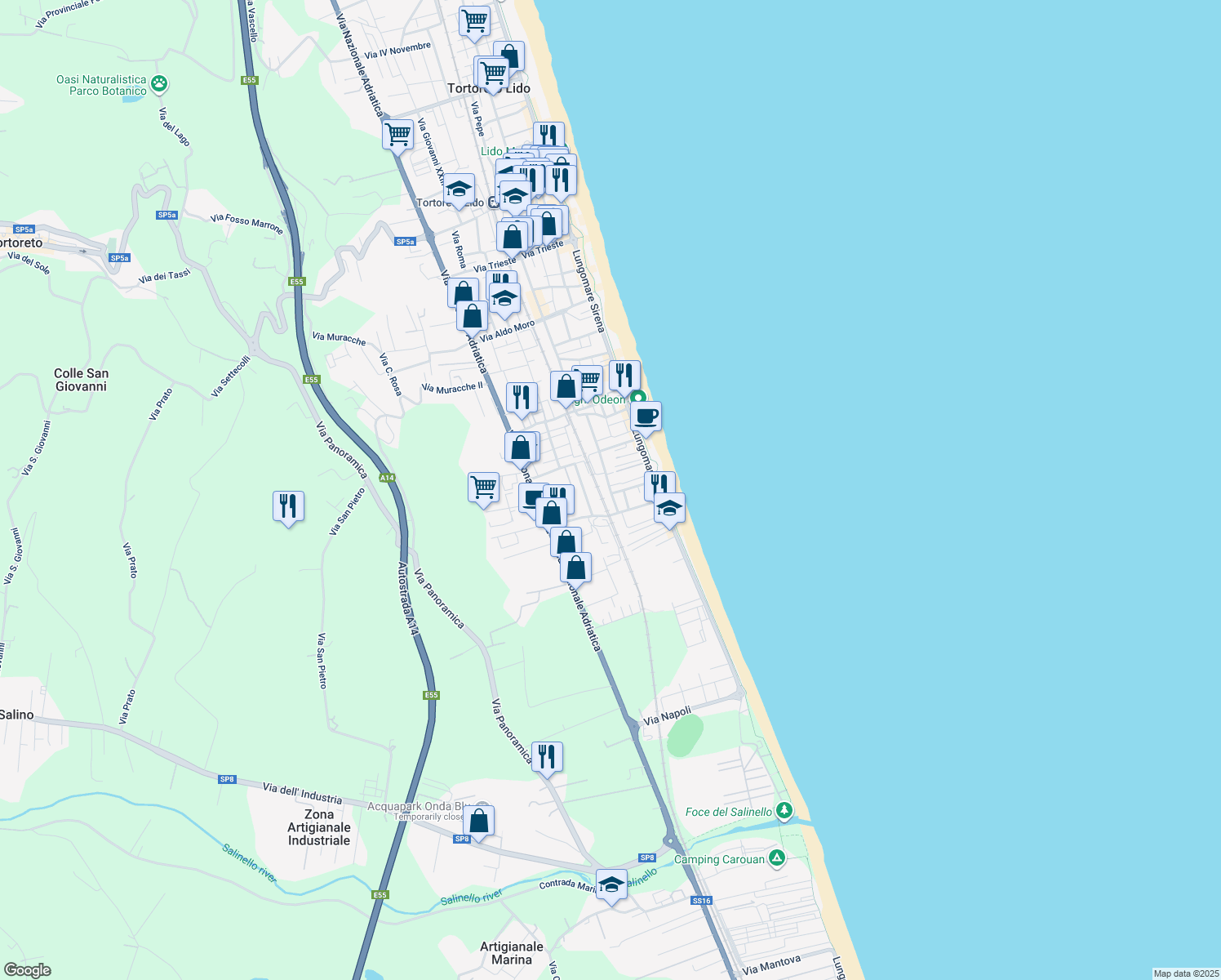 map of restaurants, bars, coffee shops, grocery stores, and more near 1 Via Don Luigi Sturzo in Tortoreto Lido