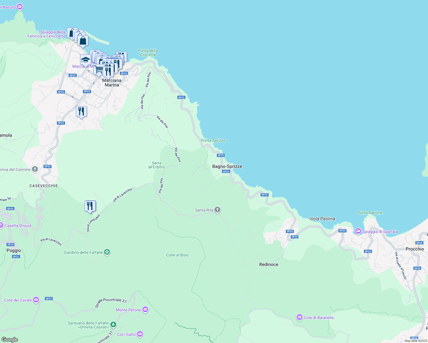 map of restaurants, bars, coffee shops, grocery stores, and more near 16 Via Anello Occidentale in Bagno-Sprizze