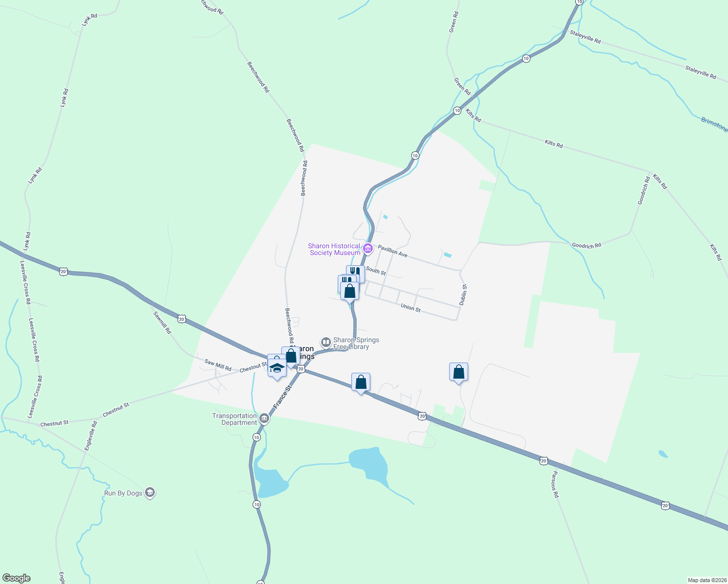 map of restaurants, bars, coffee shops, grocery stores, and more near 173 Green Street in Sharon Springs