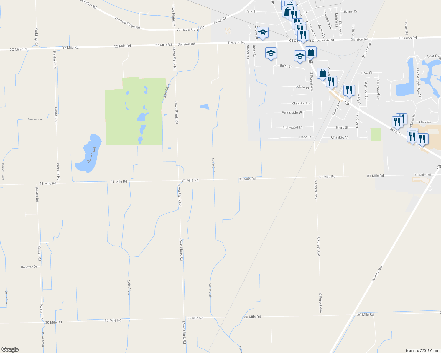 map of restaurants, bars, coffee shops, grocery stores, and more near 34575 31 Mile Road in New Haven