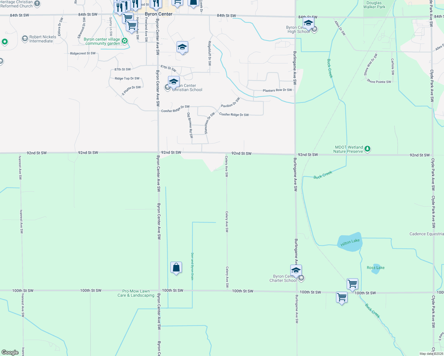 map of restaurants, bars, coffee shops, grocery stores, and more near 9345 Celery Avenue Southwest in Byron Center
