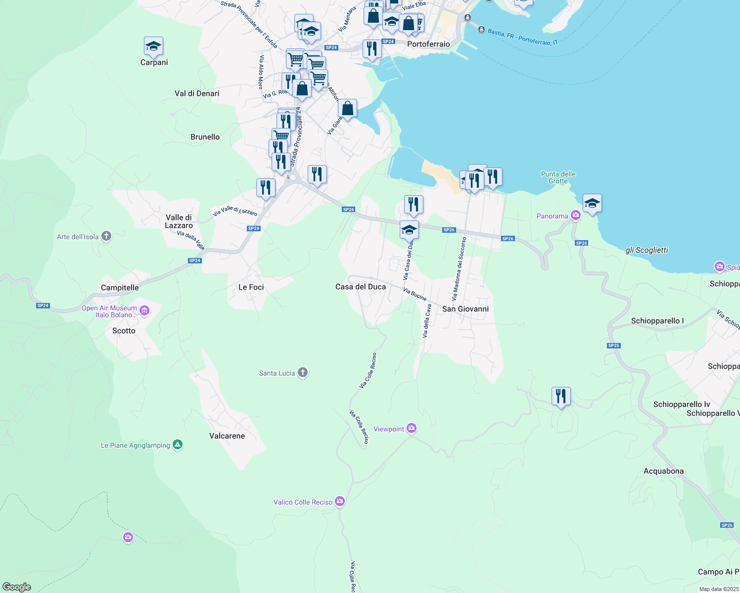 map of restaurants, bars, coffee shops, grocery stores, and more near 17 Via Colle Reciso in Casa del Duca
