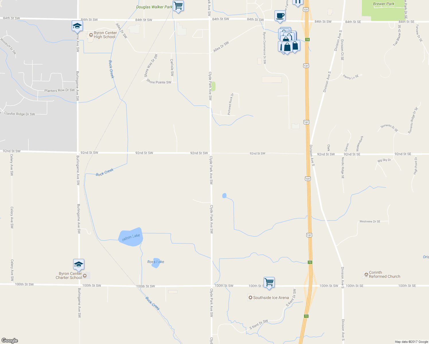 map of restaurants, bars, coffee shops, grocery stores, and more near 9280 Clyde Park Avenue Southwest in Byron Center