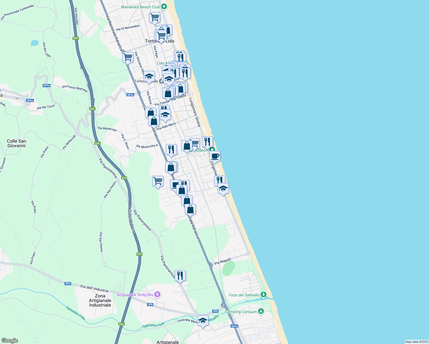 map of restaurants, bars, coffee shops, grocery stores, and more near 376 Lungomare Sirena in Tortoreto Lido