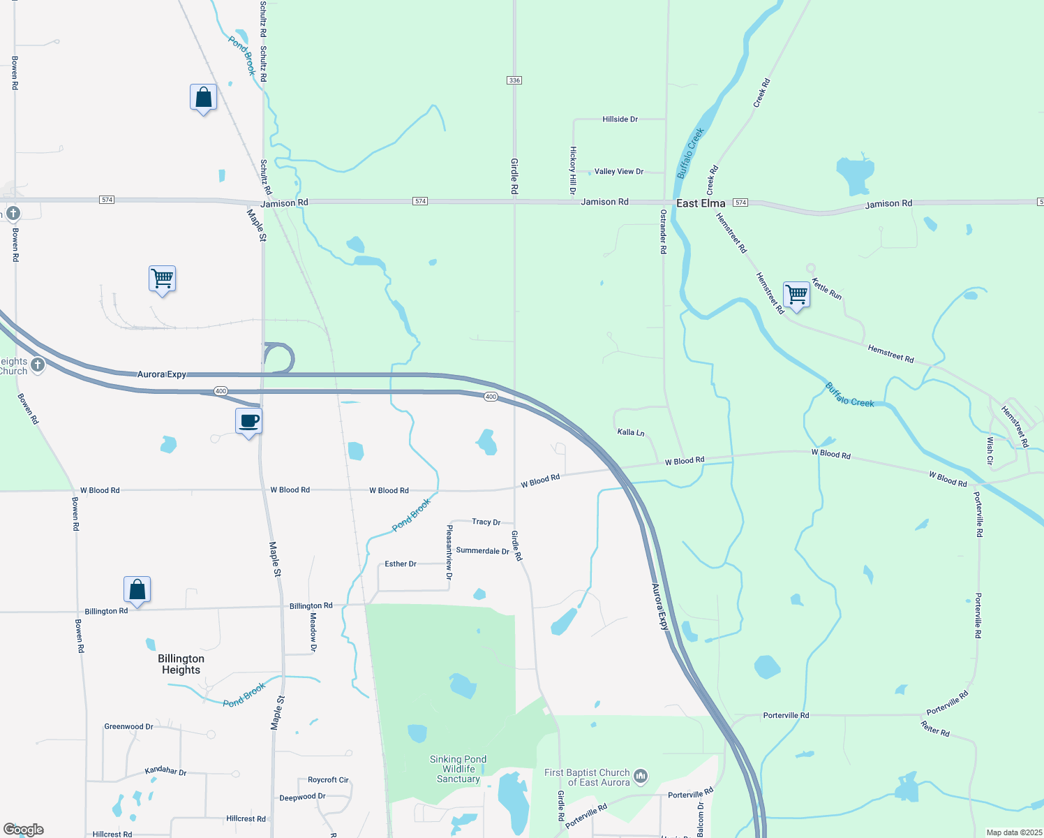 map of restaurants, bars, coffee shops, grocery stores, and more near 731 Girdle Road in East Aurora