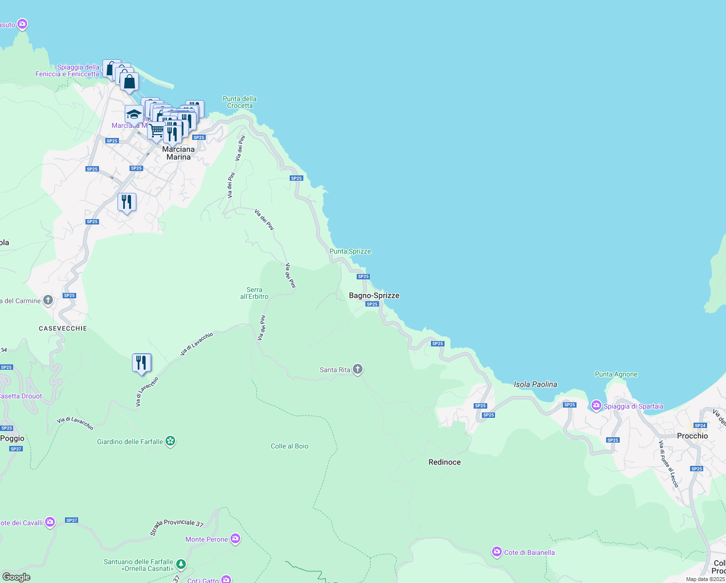 map of restaurants, bars, coffee shops, grocery stores, and more near 16 Via Anello Occidentale in Bagno-Sprizze