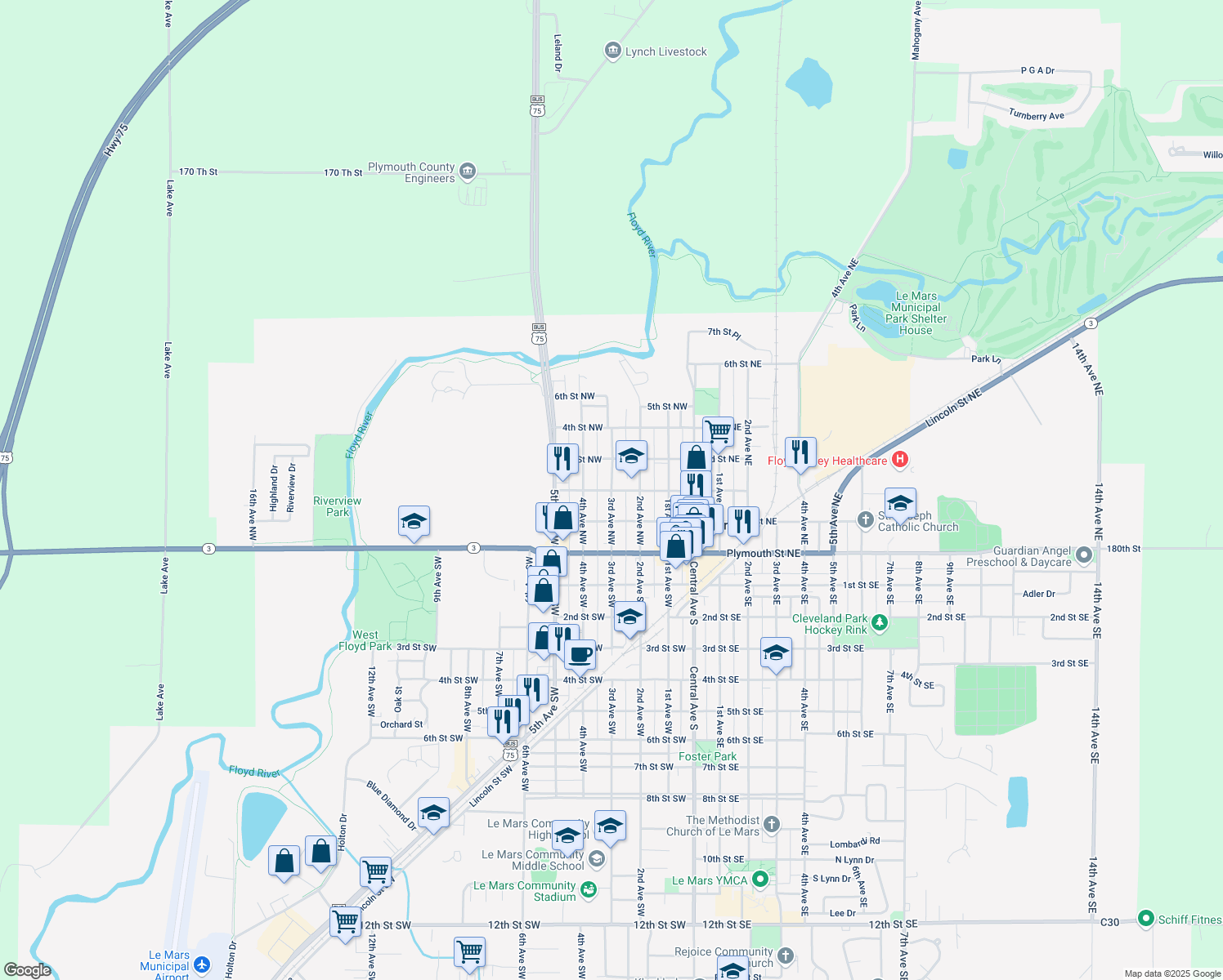 map of restaurants, bars, coffee shops, grocery stores, and more near 199 3rd Avenue Northwest in Le Mars