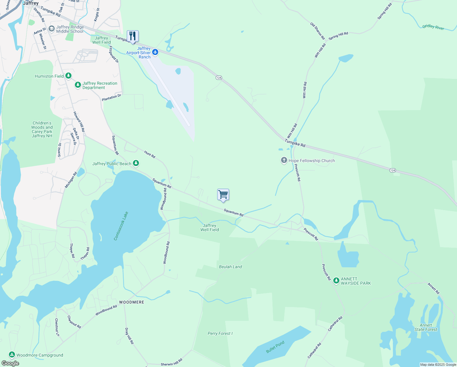 map of restaurants, bars, coffee shops, grocery stores, and more near 339 Squantum Road in Jaffrey