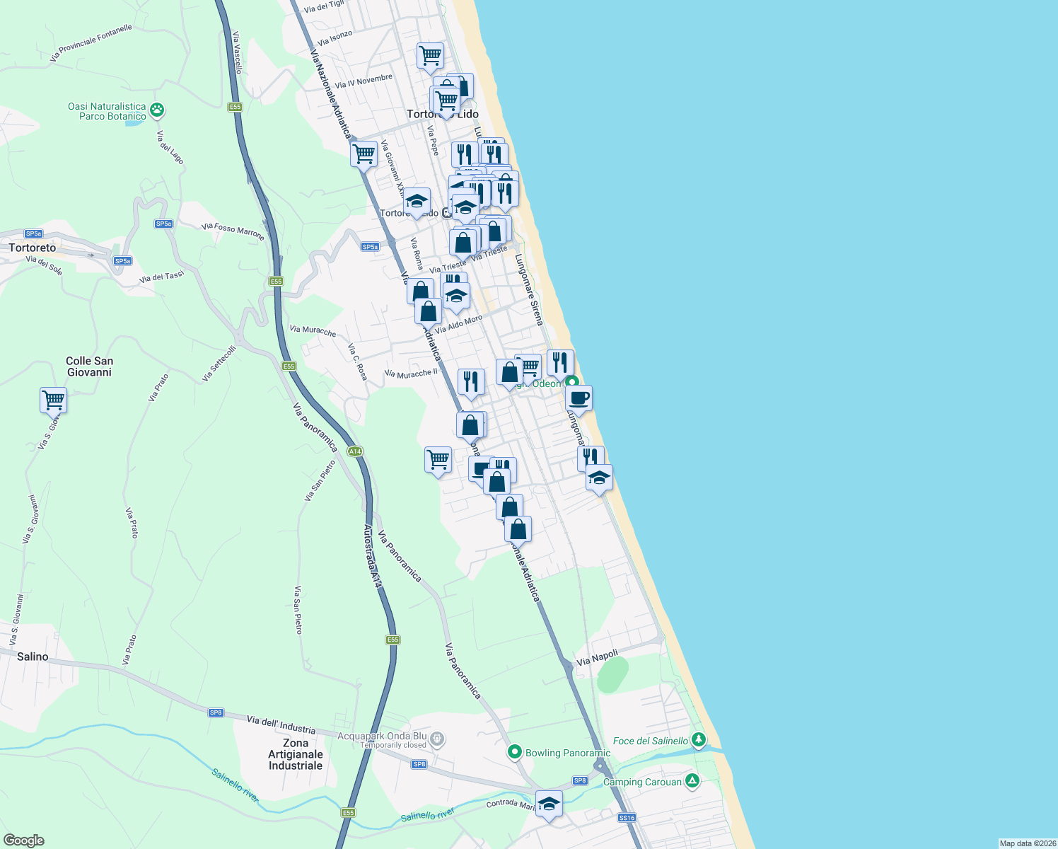 map of restaurants, bars, coffee shops, grocery stores, and more near 6 Via Ignazio Silone in Tortoreto Lido
