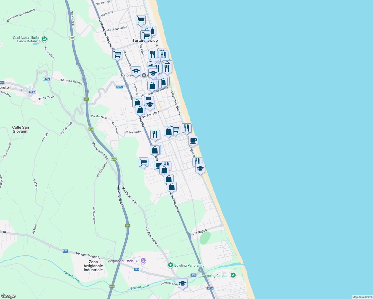 map of restaurants, bars, coffee shops, grocery stores, and more near 13 Via Alessandro Volta in Tortoreto Lido