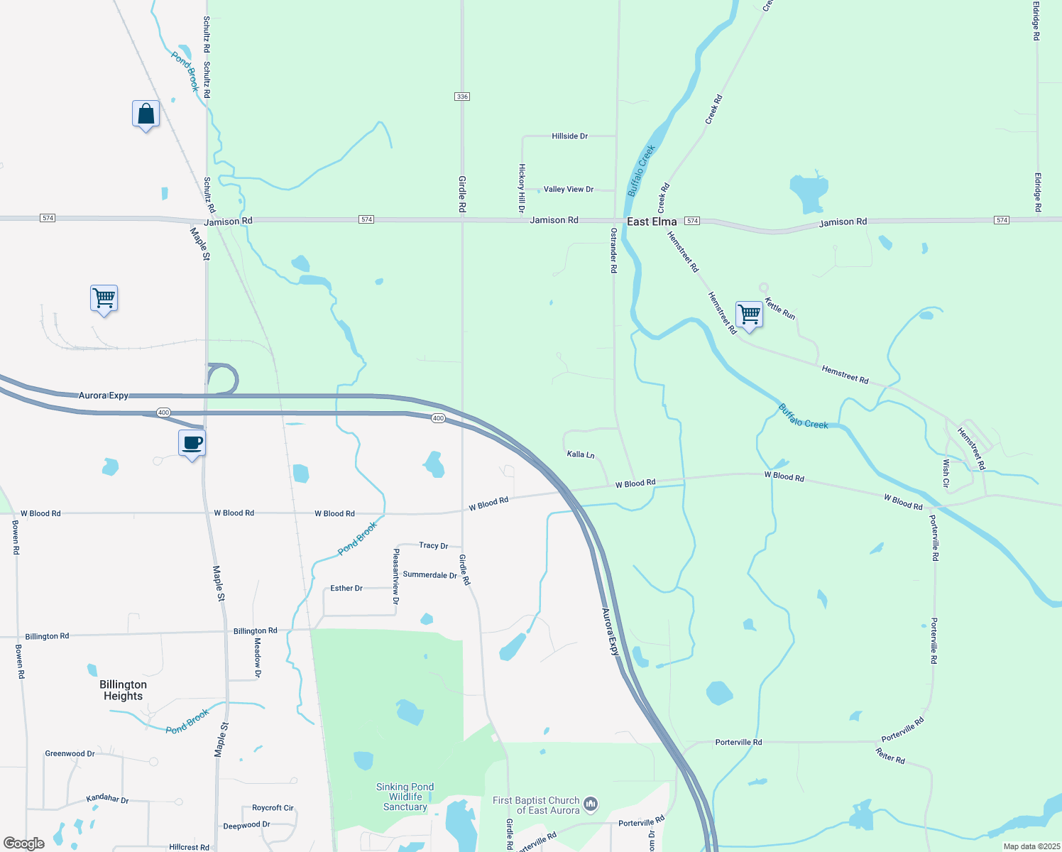 map of restaurants, bars, coffee shops, grocery stores, and more near 126 Kalla Lane in East Aurora