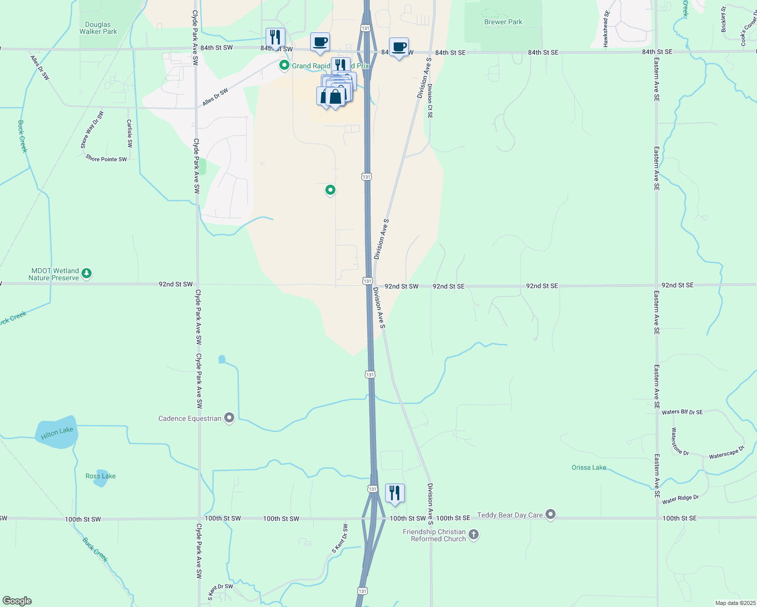 map of restaurants, bars, coffee shops, grocery stores, and more near 9248 Division Avenue South in Byron Center