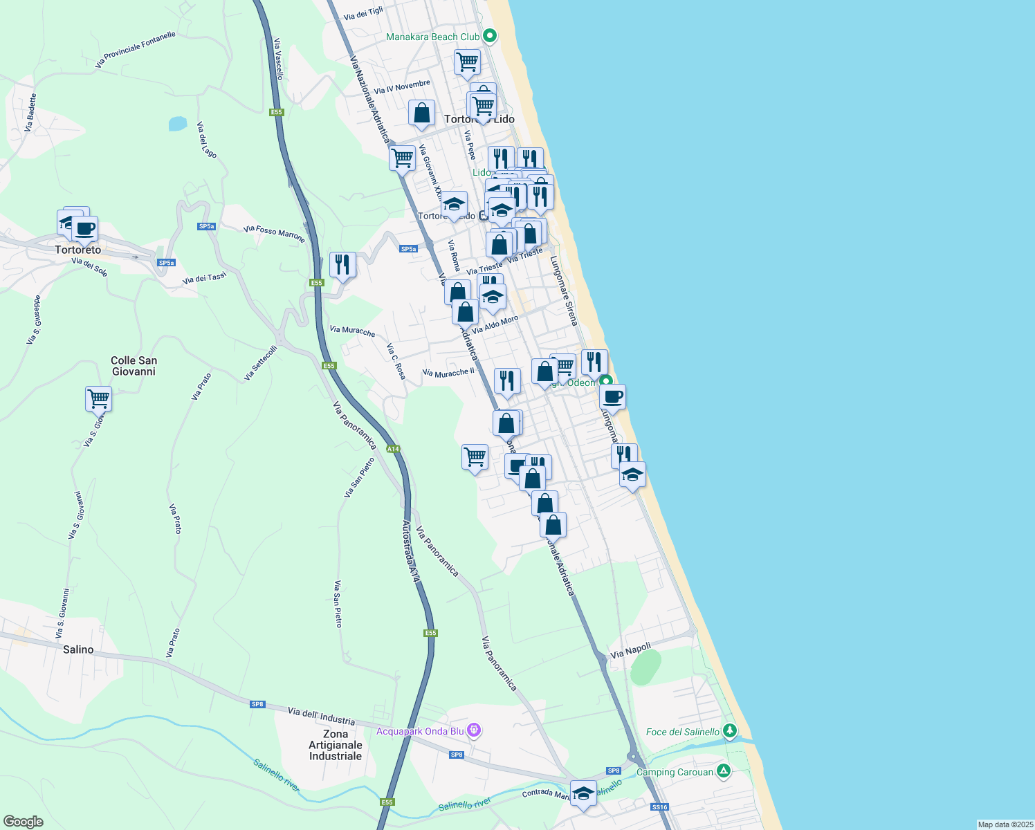 map of restaurants, bars, coffee shops, grocery stores, and more near 53 Via Gabriele D'Annunzio in Tortoreto Lido