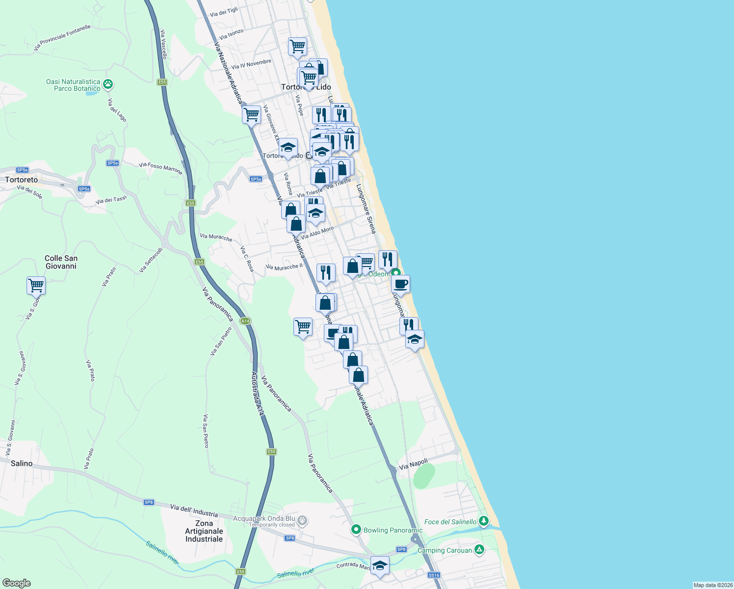 map of restaurants, bars, coffee shops, grocery stores, and more near 6 Via Ignazio Silone in Tortoreto Lido