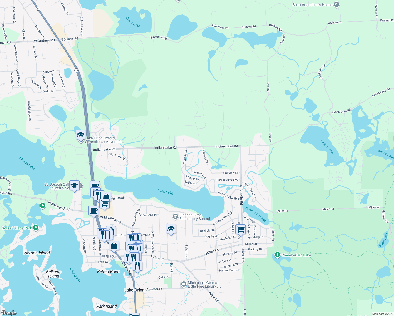 map of restaurants, bars, coffee shops, grocery stores, and more near 856 Esther Dr in Lake Orion