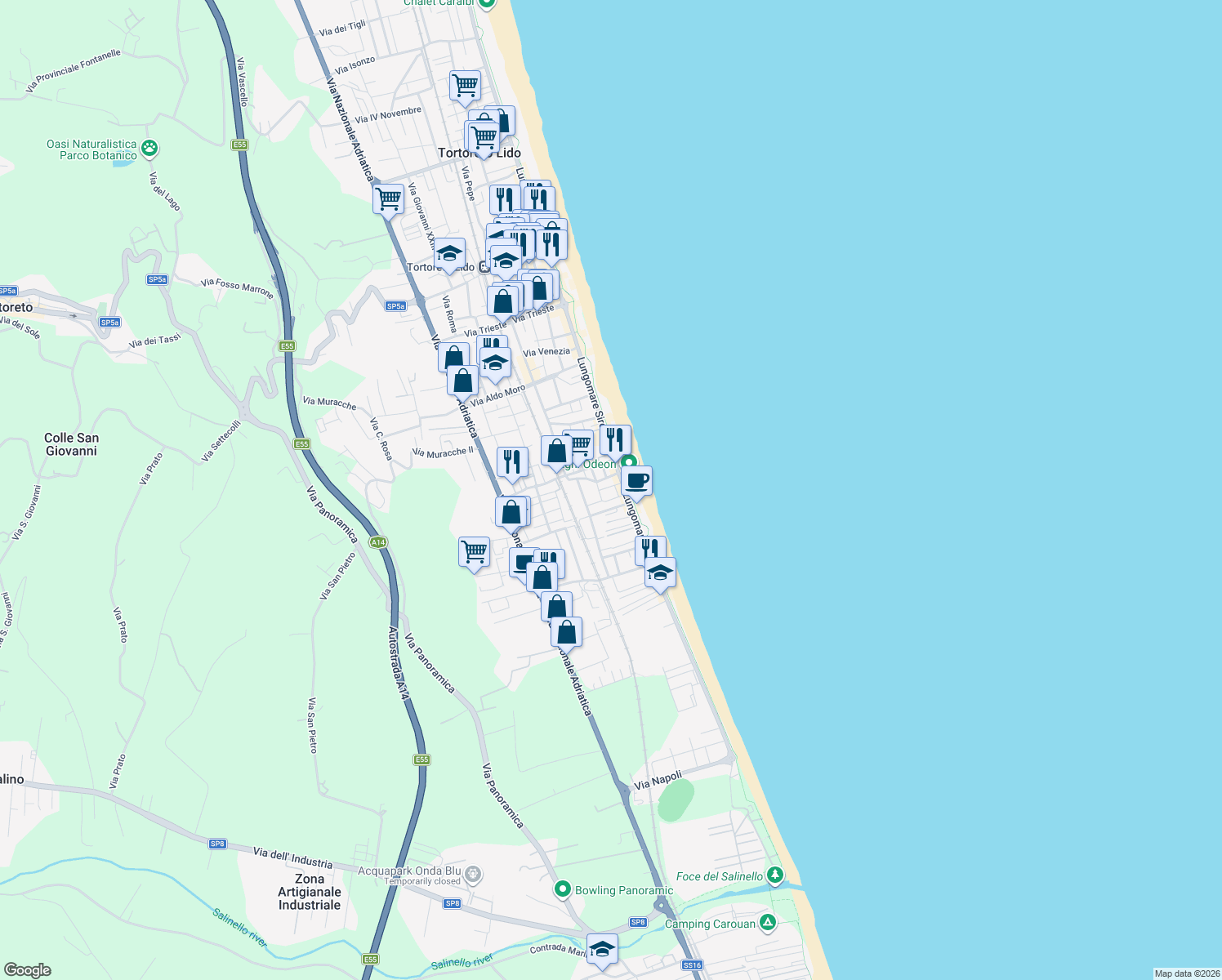 map of restaurants, bars, coffee shops, grocery stores, and more near 13 Via Alessandro Volta in Tortoreto Lido