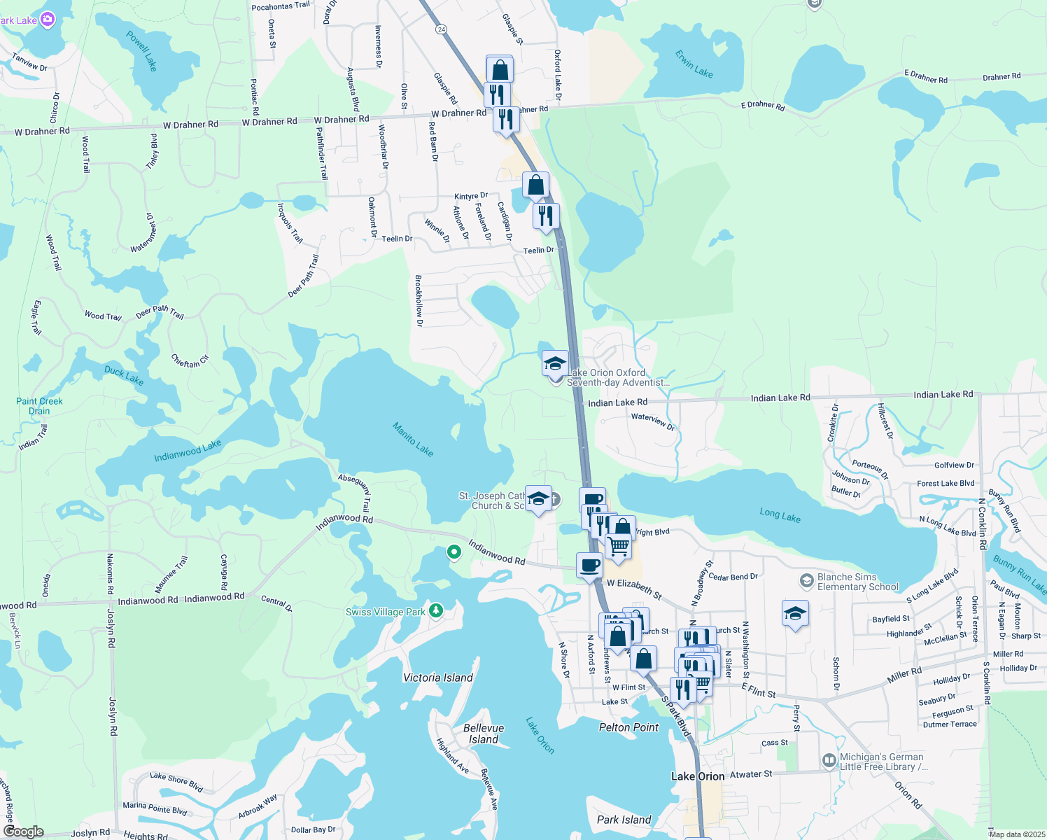 map of restaurants, bars, coffee shops, grocery stores, and more near 980 Manitou Ln in Lake Orion