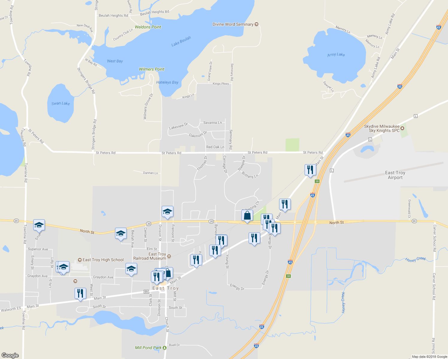 map of restaurants, bars, coffee shops, grocery stores, and more near 1722 Steeple Drive in East Troy