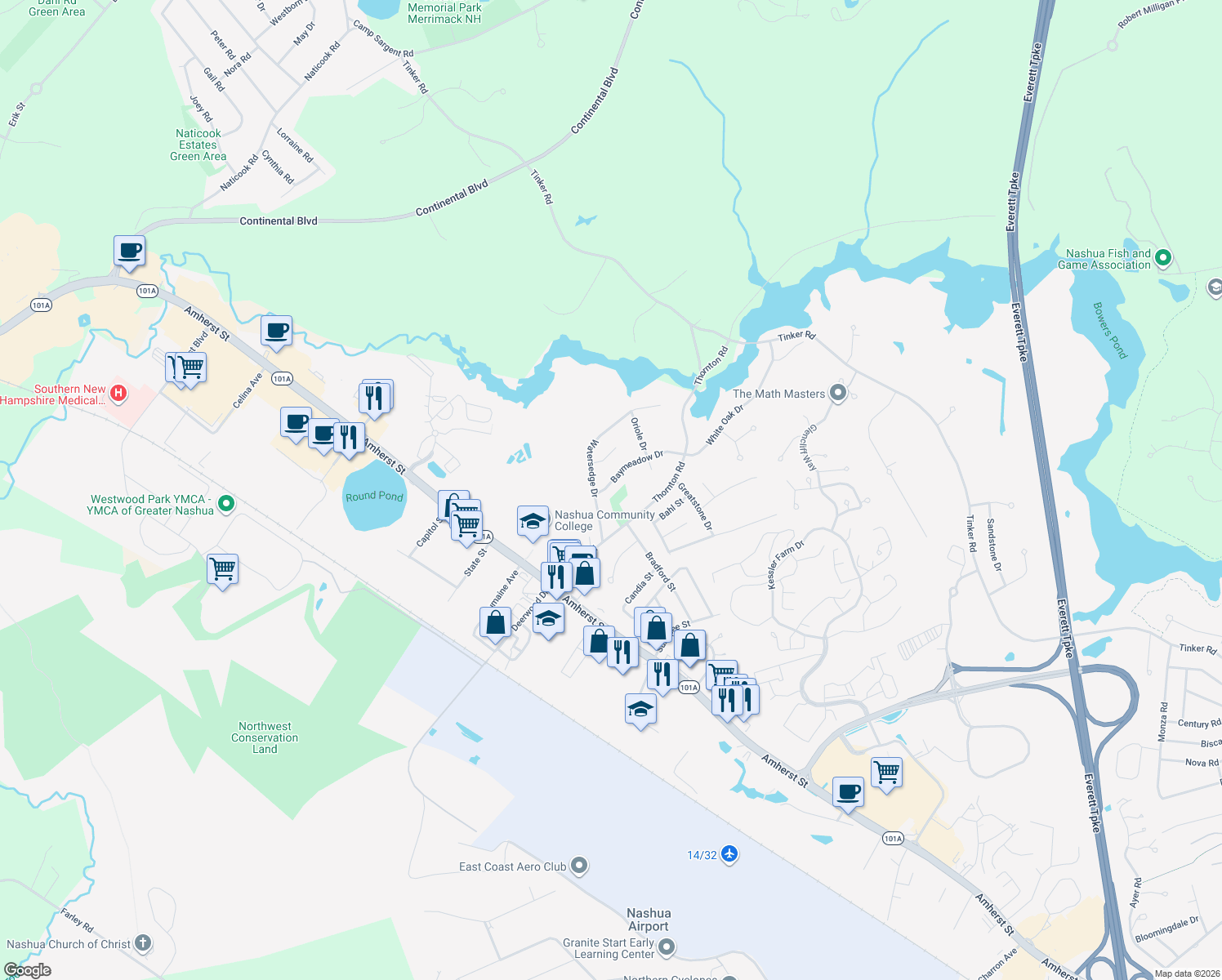 map of restaurants, bars, coffee shops, grocery stores, and more near 21 Baymeadow Drive in Nashua