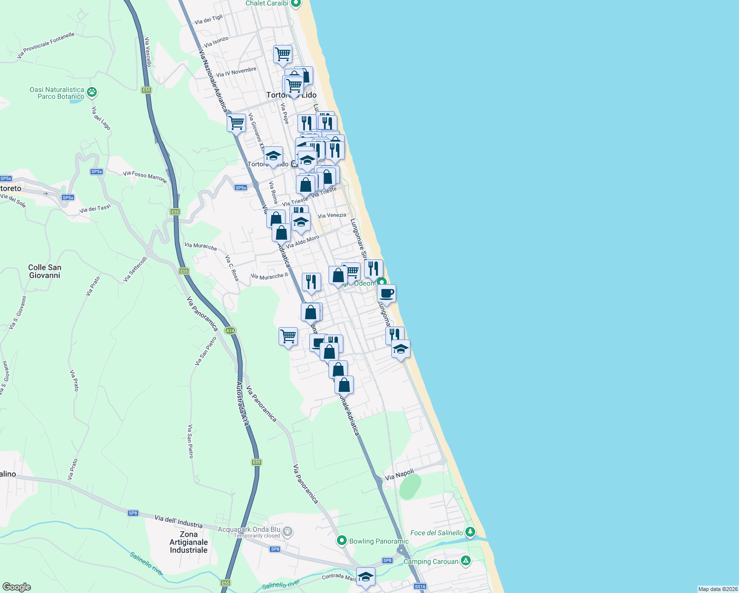 map of restaurants, bars, coffee shops, grocery stores, and more near 13 Via Alessandro Volta in Tortoreto Lido
