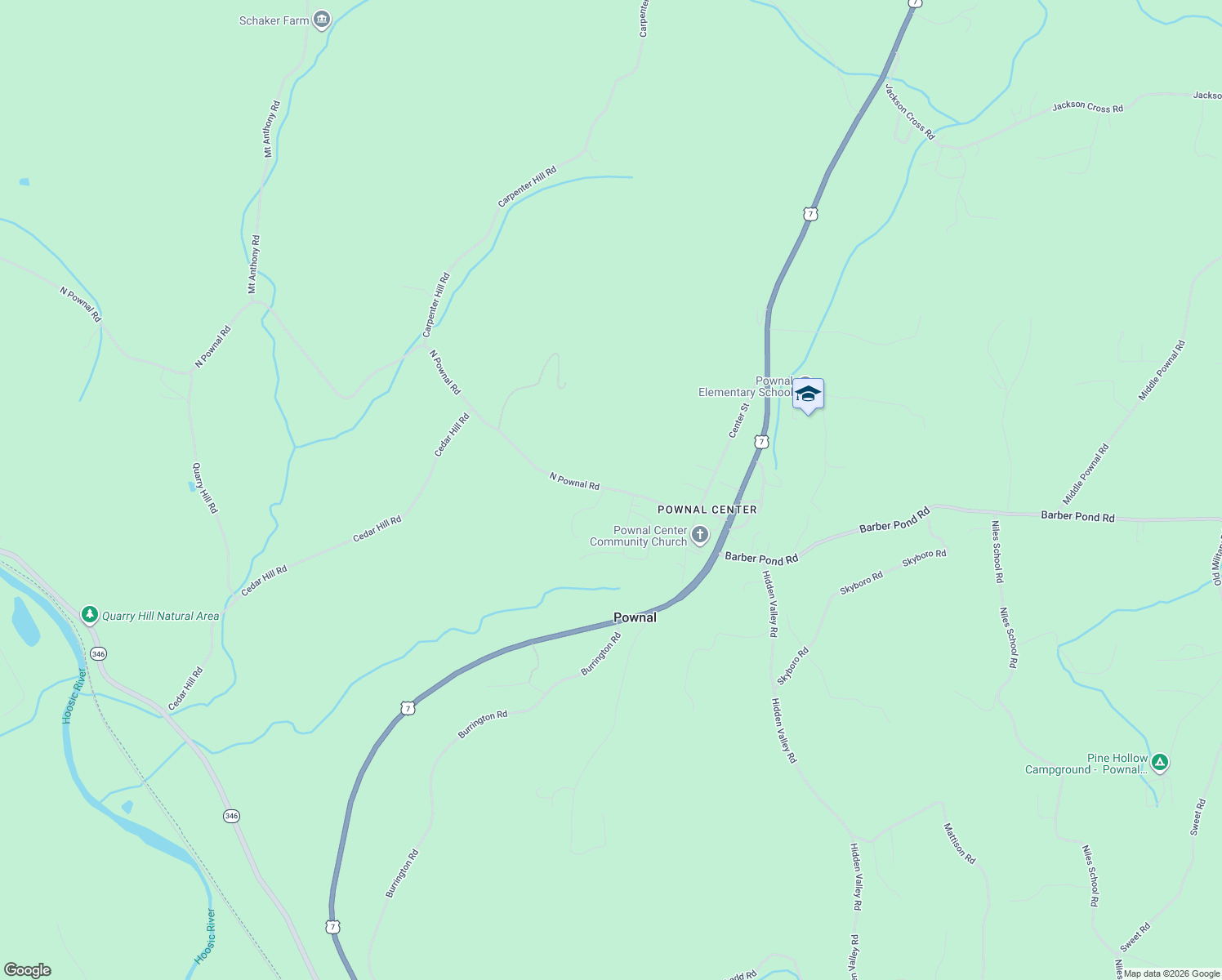 map of restaurants, bars, coffee shops, grocery stores, and more near 2551 North Pownal Road in Pownal