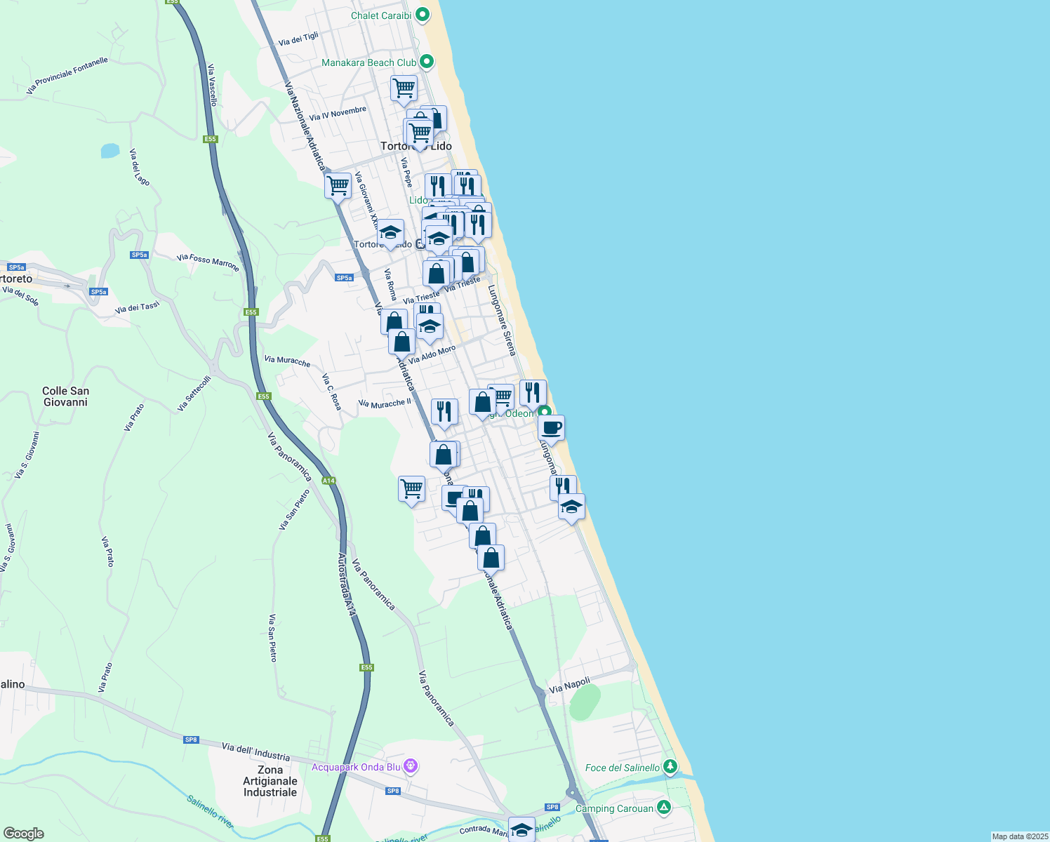 map of restaurants, bars, coffee shops, grocery stores, and more near 376 Lungomare Sirena in Tortoreto Lido