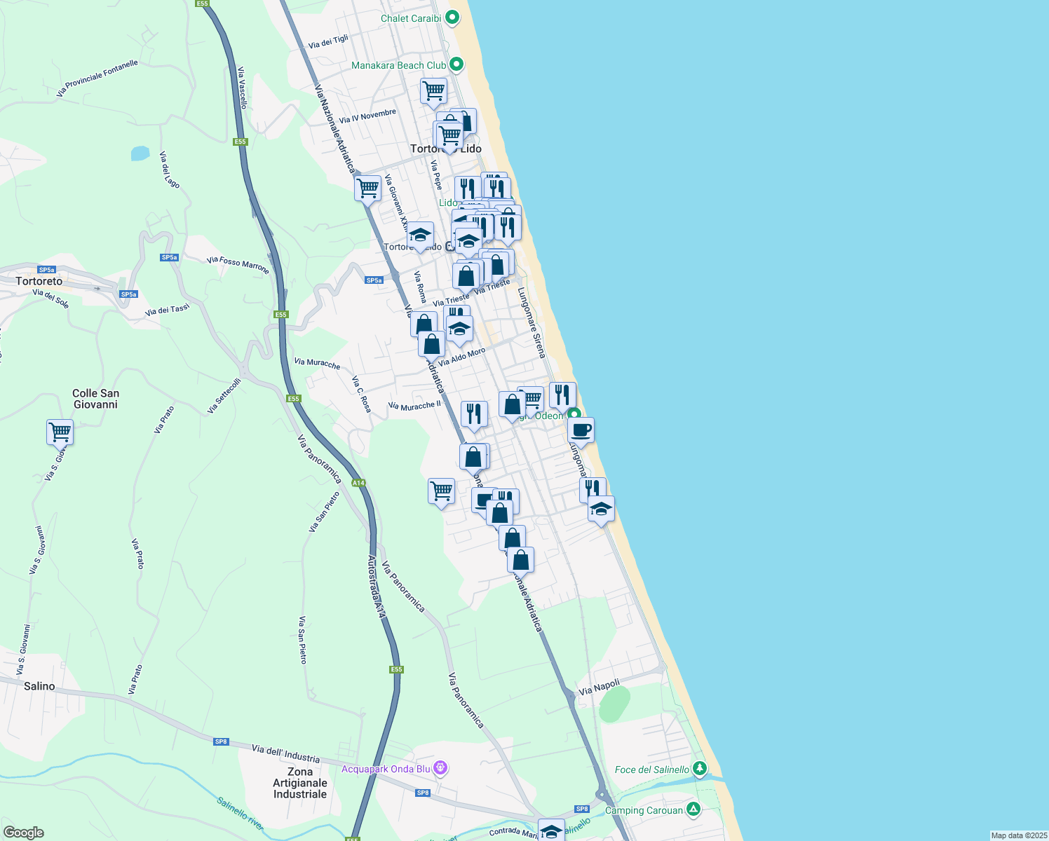 map of restaurants, bars, coffee shops, grocery stores, and more near 8 Via Virgilio in Tortoreto Lido