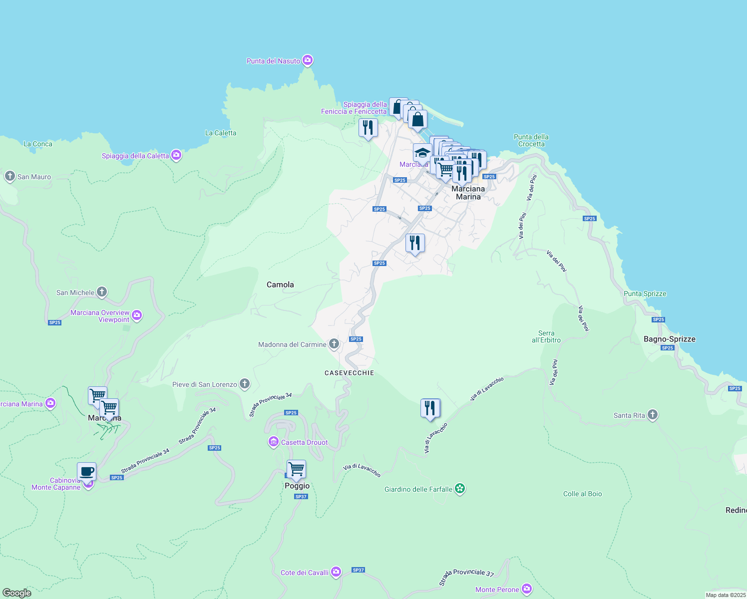 map of restaurants, bars, coffee shops, grocery stores, and more near 6-8 Localita Capo Al Piano in Marciana Marina